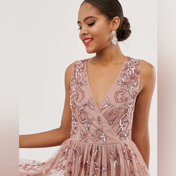 Maya Deluxe Tall Pink Floral Embellished Sleeveless Mid Dress Size 12 Tall - Picture 2 of 13